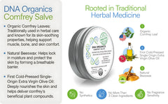 Wild Castle DNA Organics Comfrey Salve 2oz jar back with ingredient notes.