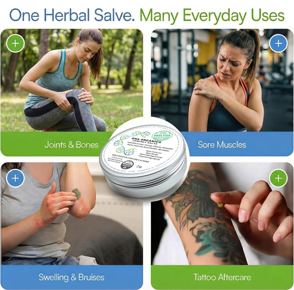 Wild Castle DNA Organics Comfrey Salve 2oz jar front for quick use.