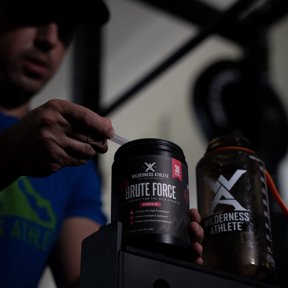 Front view of Brute Force tub highlighting caffeine-free preworkout for endurance