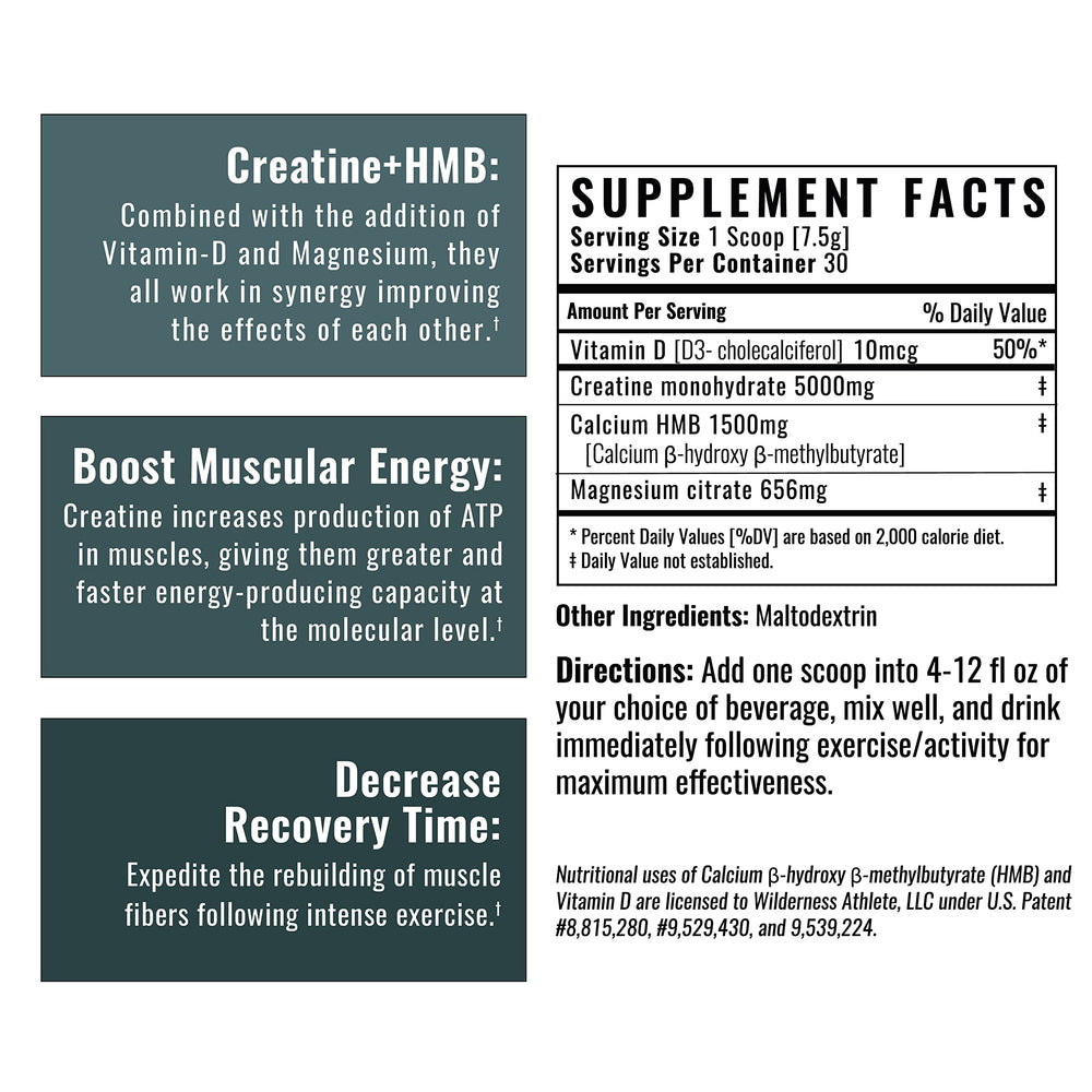 Wilderness Athlete Creatine HMB bottle label showing ingredients and D3 mention.