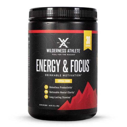 Wilderness Athlete Energy Tropical Fusion tub for zero-sugar focus during workouts.
