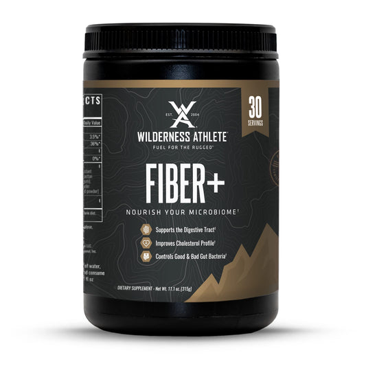 Wilderness Athlete Fiber+ tub with scoop highlights daily fiber support