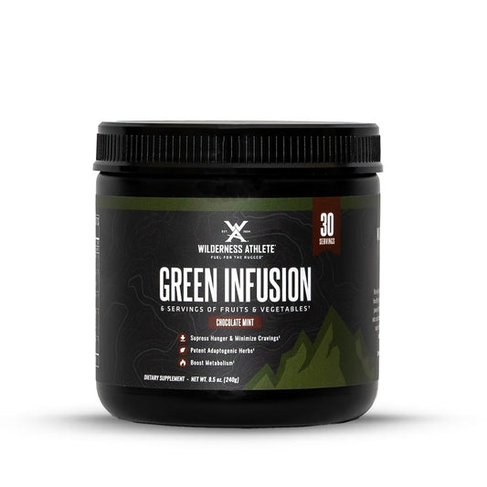 Wilderness Athlete Green Infusion tub front shows chocolate mint flavor for easy daily greens.