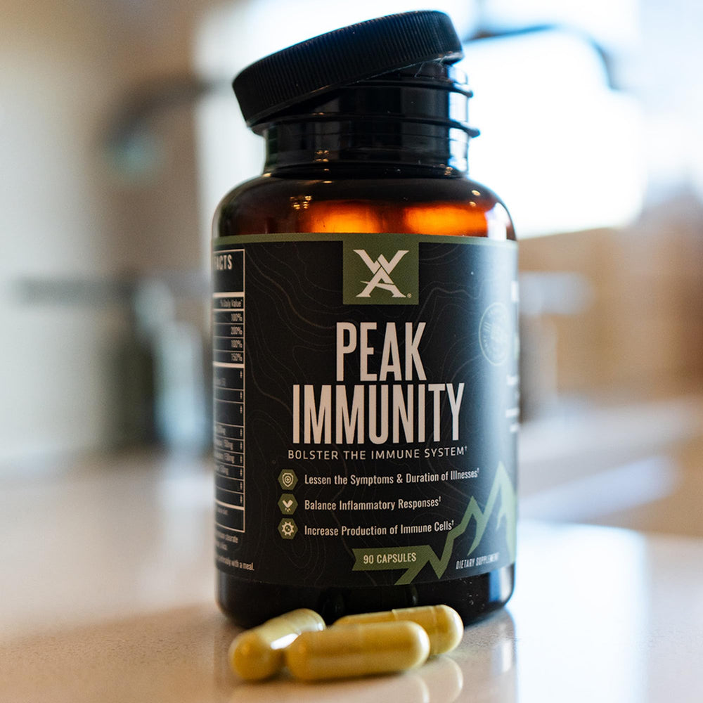 Wilderness Athlete Peak Immunity label close-up highlighting ingredient mix for immune wellness.