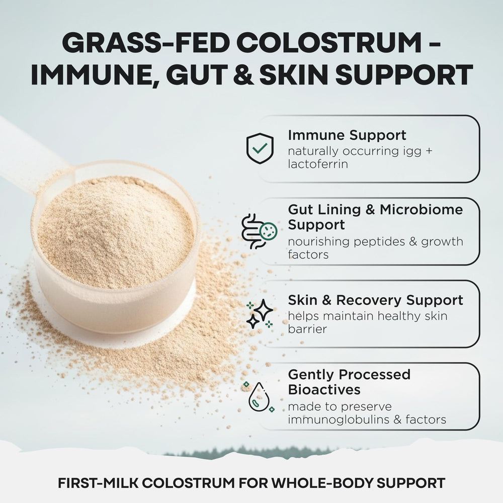 Wild Foods Colostrum powder 2g scoop shown for easy daily serving.
