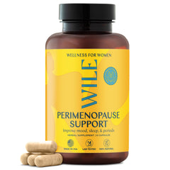 WILE menopause ashwagandha bottle shows a plant-based balance for daily calm.