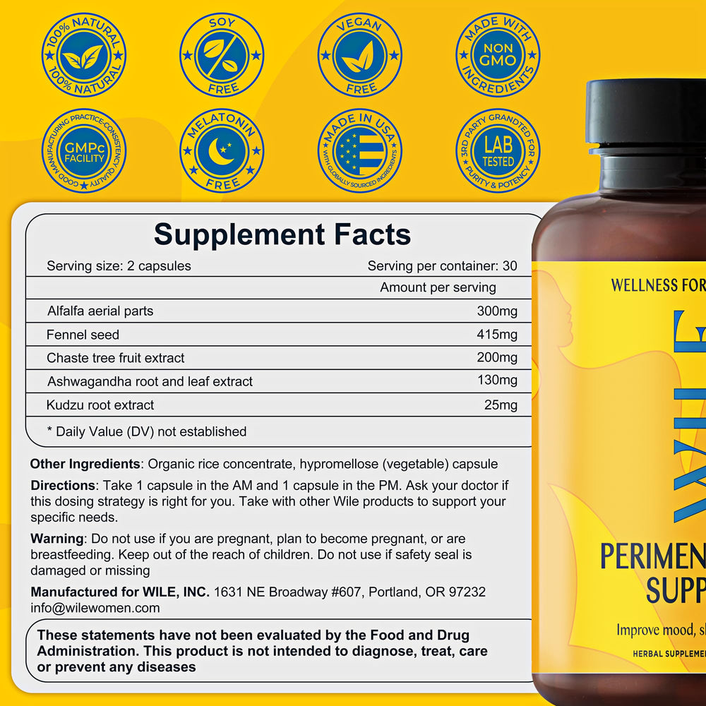 WILE menopause herbal blend ingredients showcase adaptogens for holistic menopause wellness.