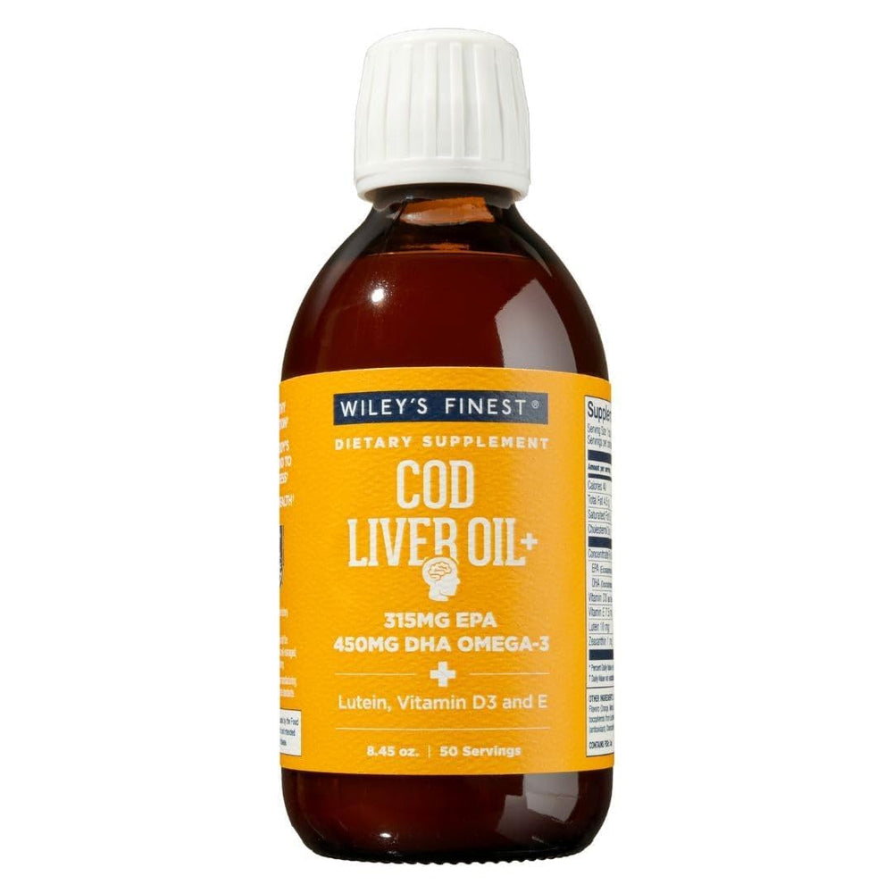 Wiley's Finest cod liver oil orange bottle front showcases flavor and potency for daily omega-3 support