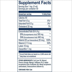 Wiley's Finest cod liver oil orange bottle side label highlights vitamin D3 and lutein ingredients