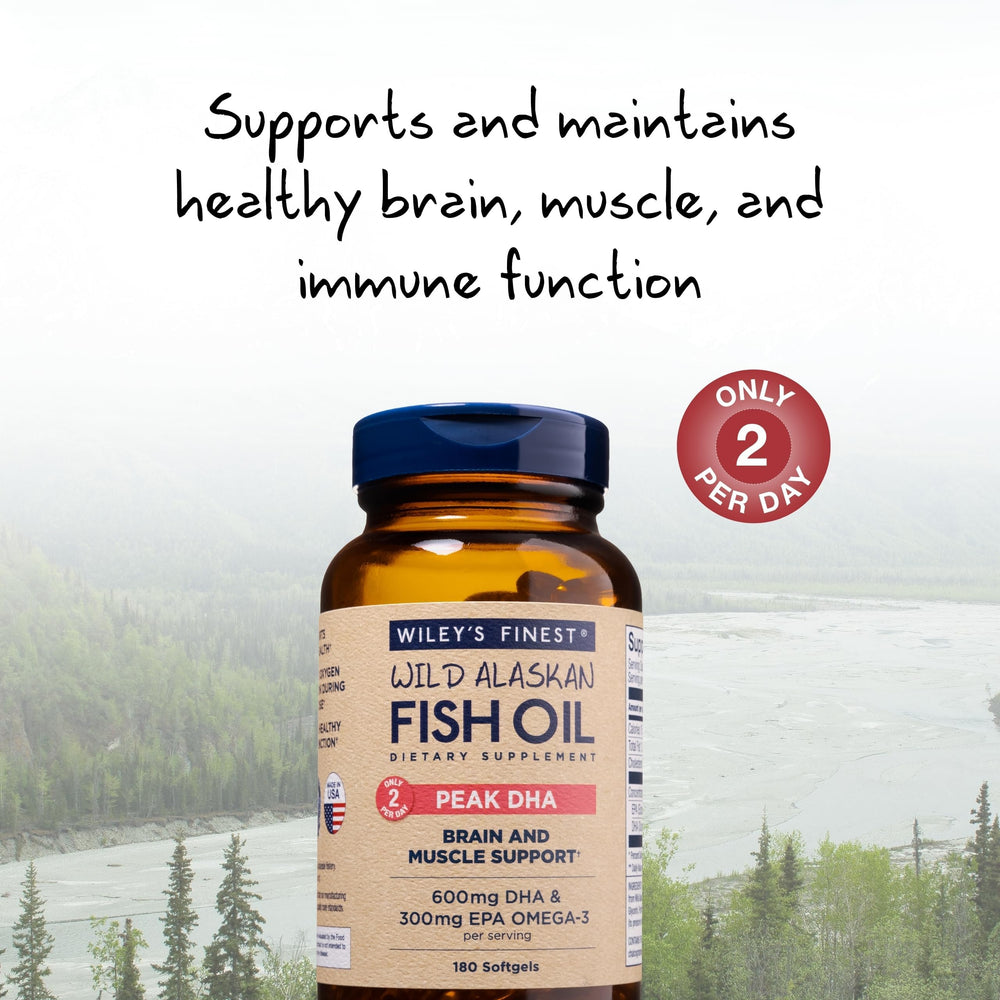 Label closeup of Wiley’s Finest wild Alaska Pollock oil highlighting sustainability