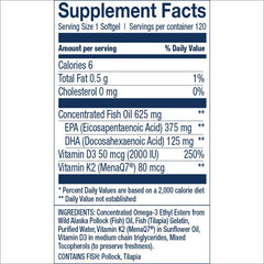 Wiley's Finest bottle pour emphasizing convenient daily omega-3 with K2 and D3 for heart and bone support