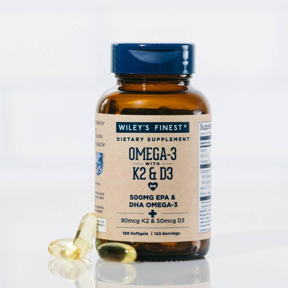 Daily dosage scene with Wiley's Finest softgels for convenient omega-3 plus K2/D3 supporting bone and heart health