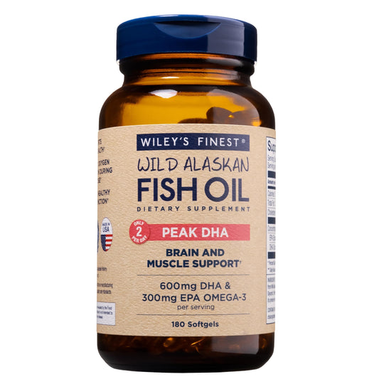 Wiley’s Finest Wild Alaskan Fish Oil Peak DHA bottle showing high-potency omega-3 for daily use
