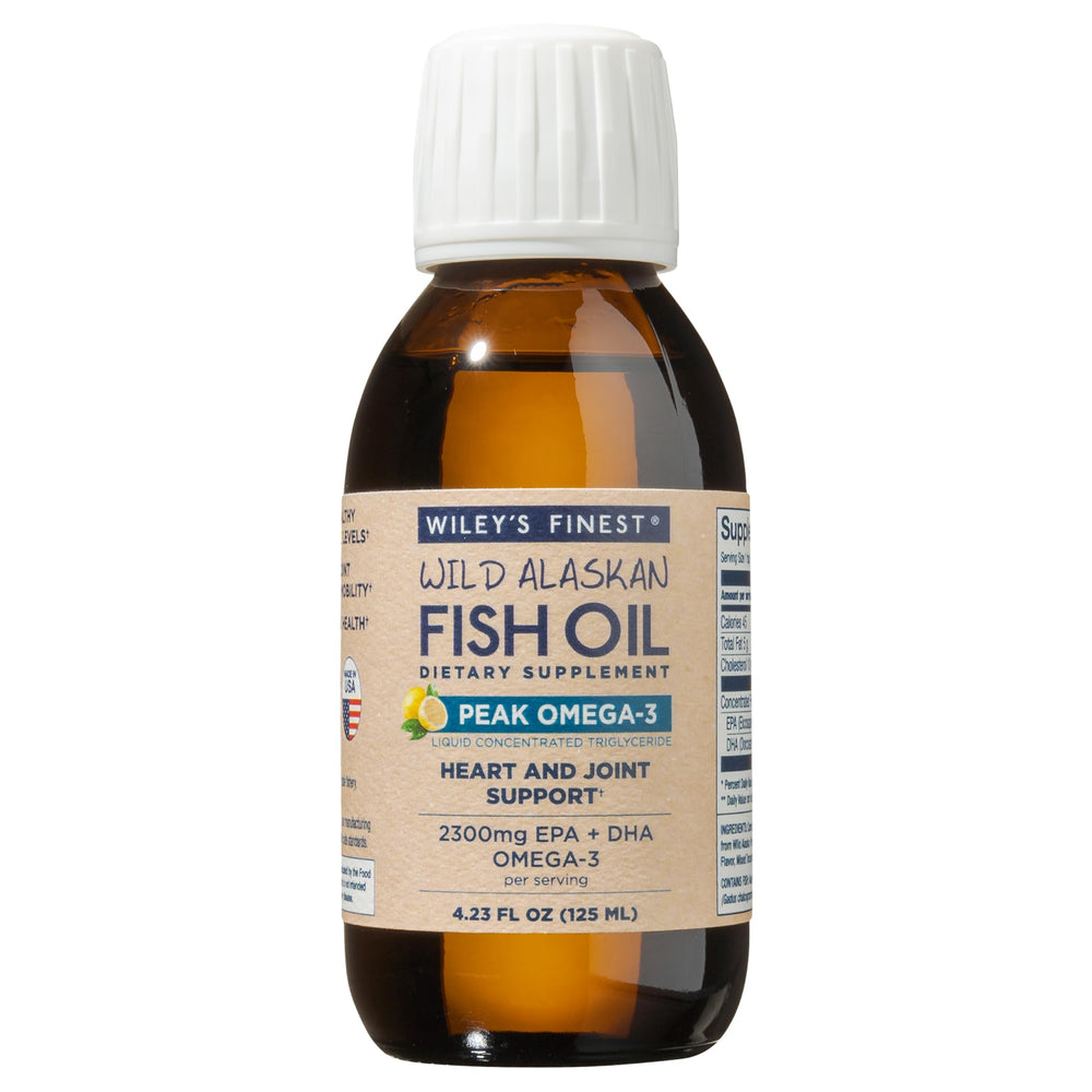 Wiley's Finest Peak Omega-3 bottle highlighting high-potency omega-3 on the shelf
