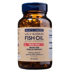 Wiley's Finest Peak DHA bottle highlighting the high-DHA omega-3 profile.