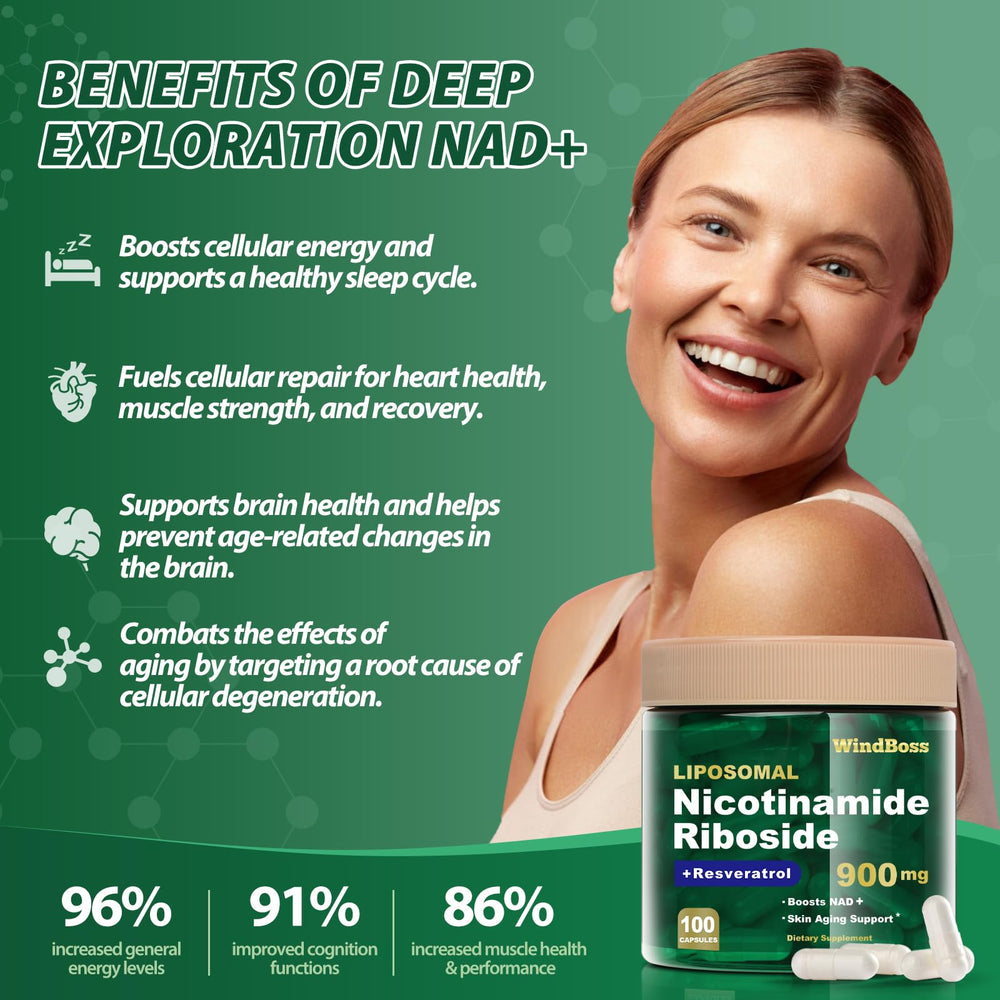 Windboss Liposomal NAD+ capsules closeup shows glossy coating for better uptake.