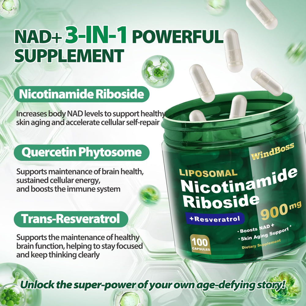 Windboss Liposomal NAD+ serving scoop beside bottle reflects convenient daily serving.