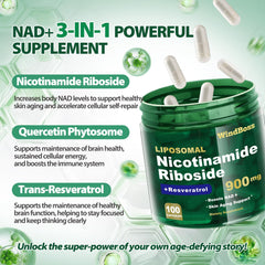 Windboss Liposomal NAD+ serving scoop beside bottle reflects convenient daily serving.