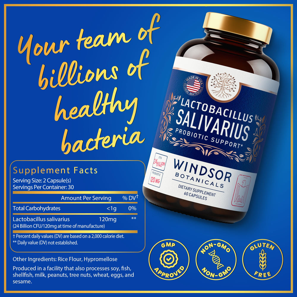 WINDSOR BOTANICALS bottle front label highlighting 24B CFU for daily use