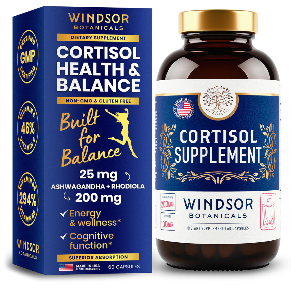 WINDSOR BOTANICALS 15-in-1 cortisol bottle with full-spectrum blend for daily support.