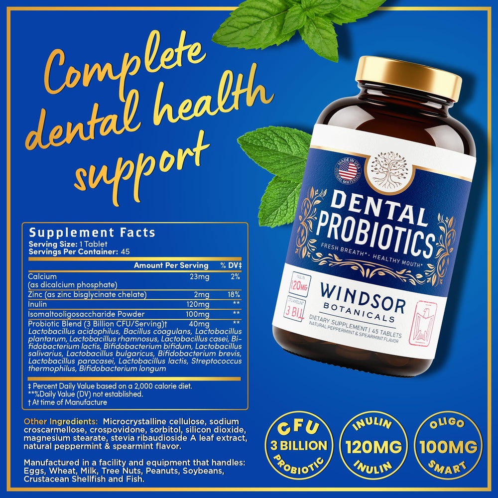 Windsor Botanicals 3BN CFU Lactobacillus Salivarius tablet supports balanced oral bacteria.