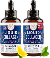 WINDSOR BOTANICALS concentrated liquid collagen drops bottle for smoother skin and stronger hair.