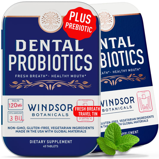 Windsor Botanicals dental probiotic travel tin for on-the-go freshness.