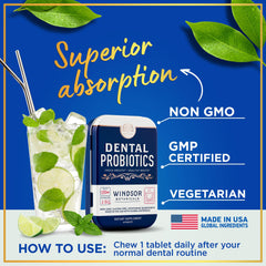 Windsor Botanicals Dental Probiotics tablets closeup highlights 3BN CFU blend.