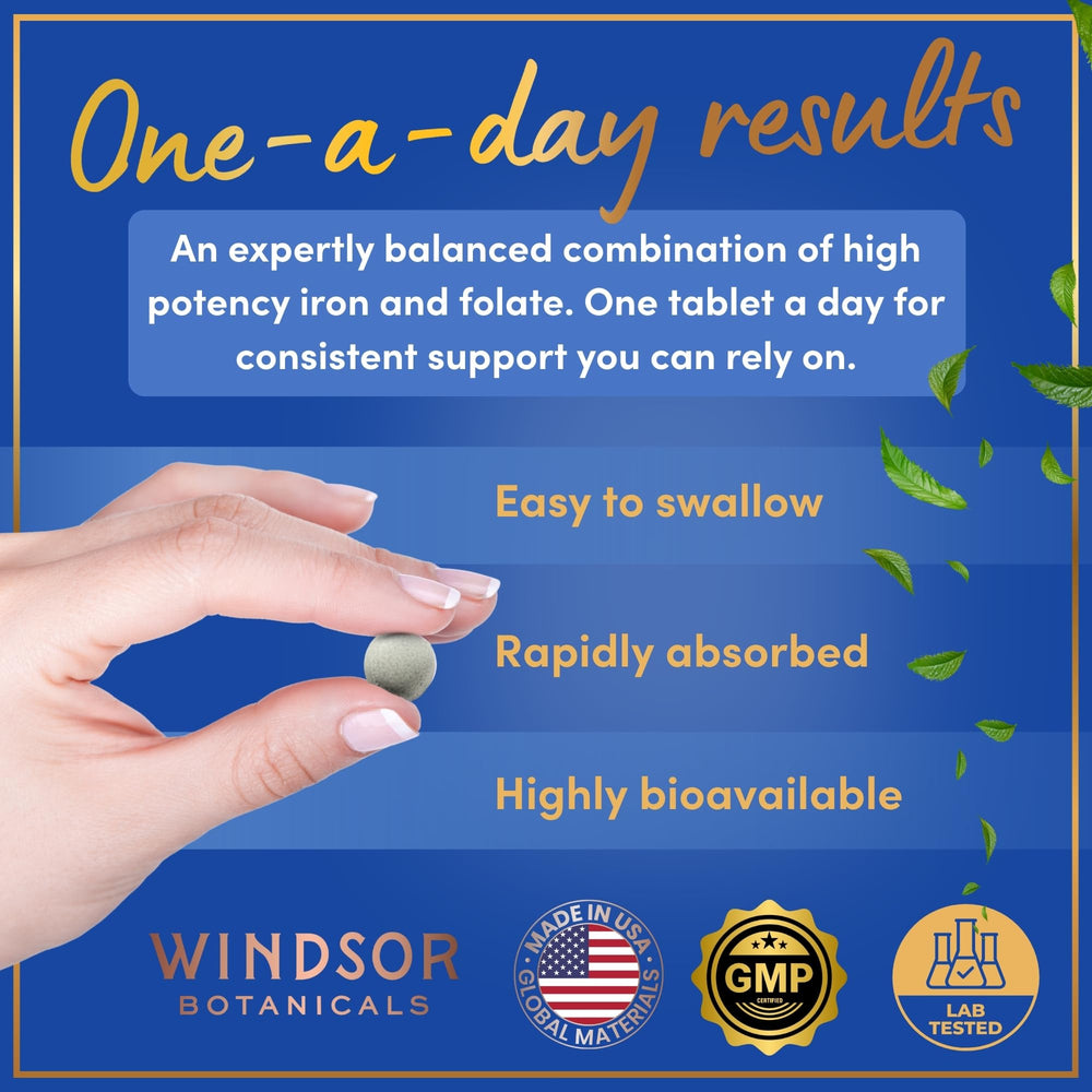 WINDSOR BOTANICALS iron and folate label showing dosage details