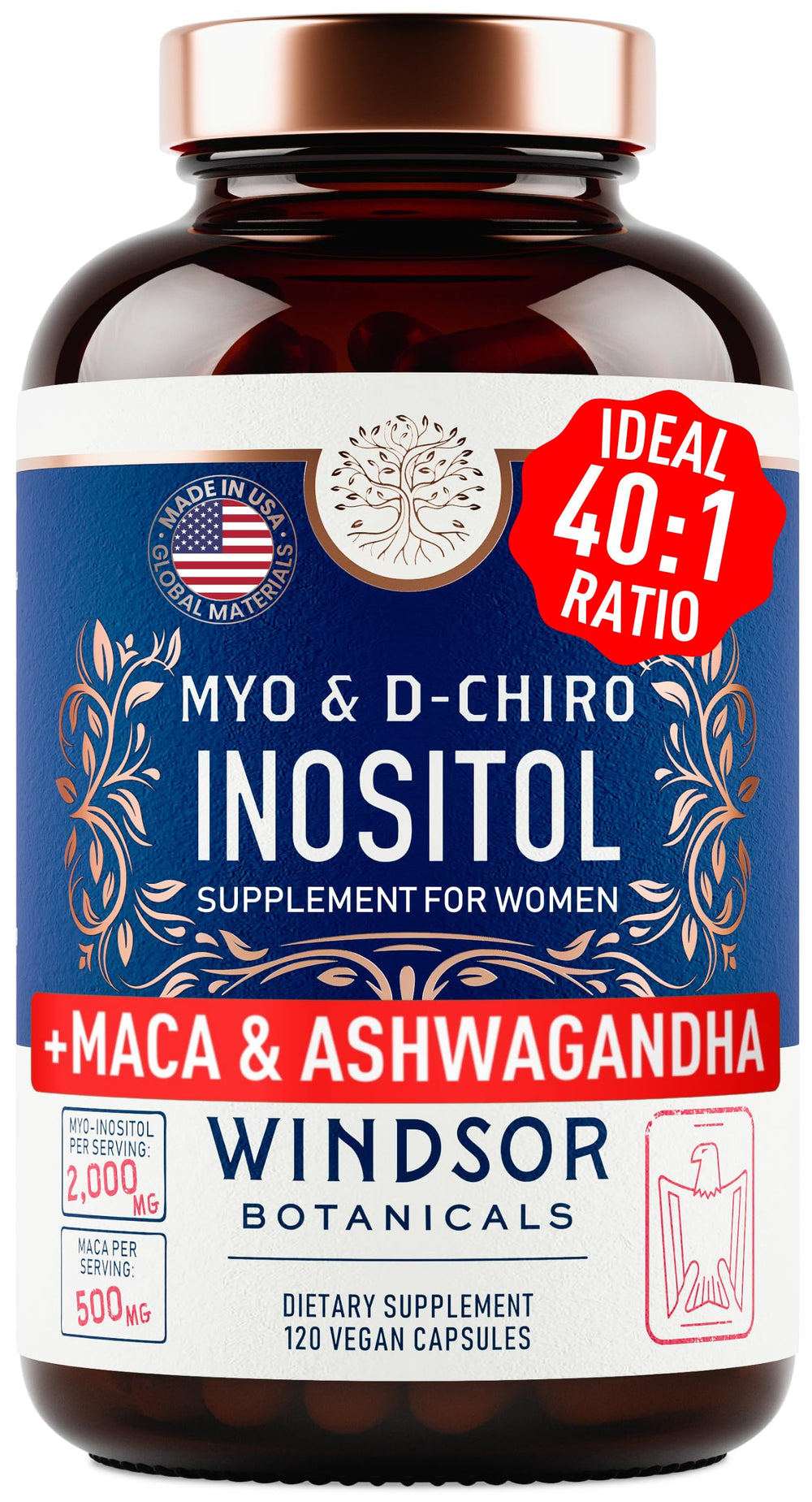 WINDSOR BOTANICALS Myo-Inositol 40:1 bottle with capsules for daily balance.