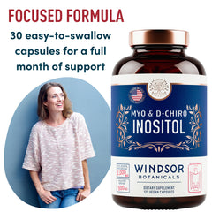 WINDSOR BOTANICALS Myo-Inositol 40:1 capsules closeup supporting regular cycles.