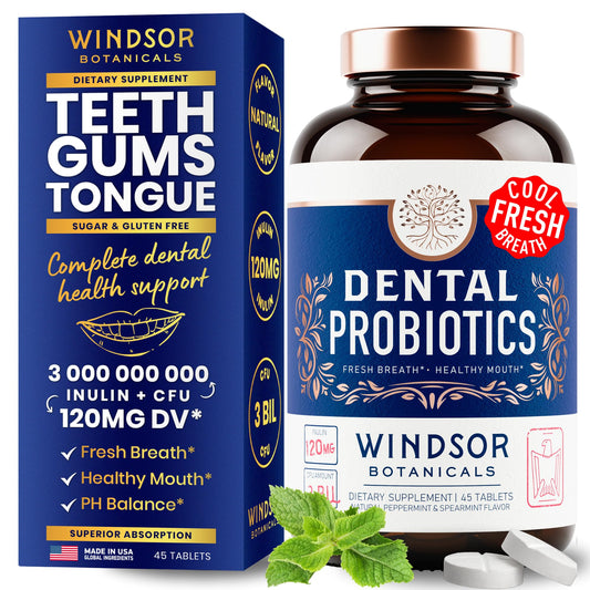 Windsor Botanicals oral probiotics tablets mint flavor bottle close-up for fresh breath