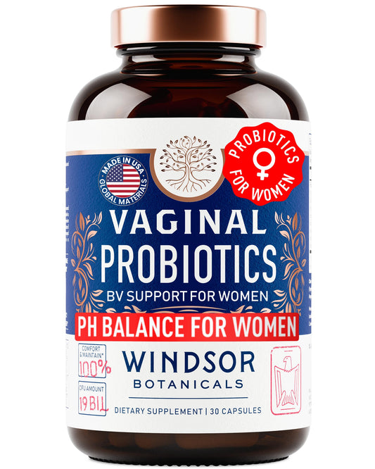 WINDSOR BOTANICALS vaginal probiotic bottle front for daily balance and confidence.