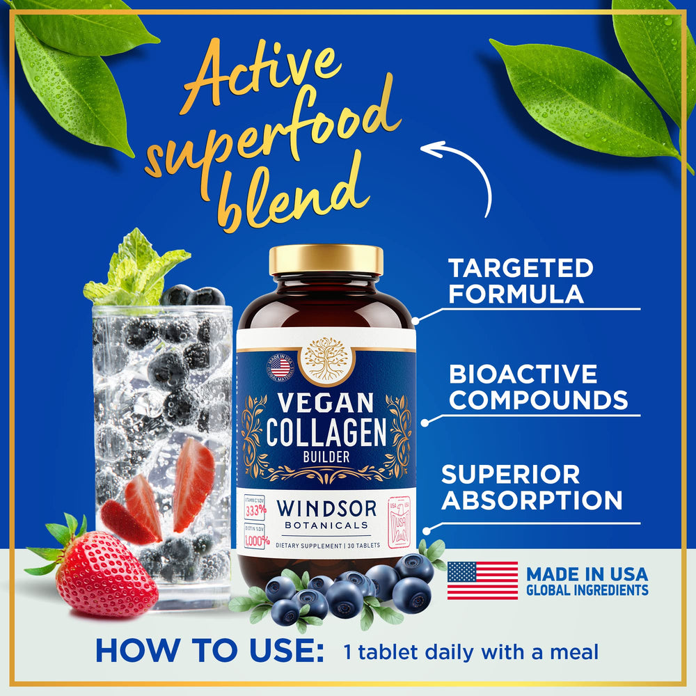 WINDSOR BOTANICALS vegan collagen tablet closeup of easy-to-swallow pill