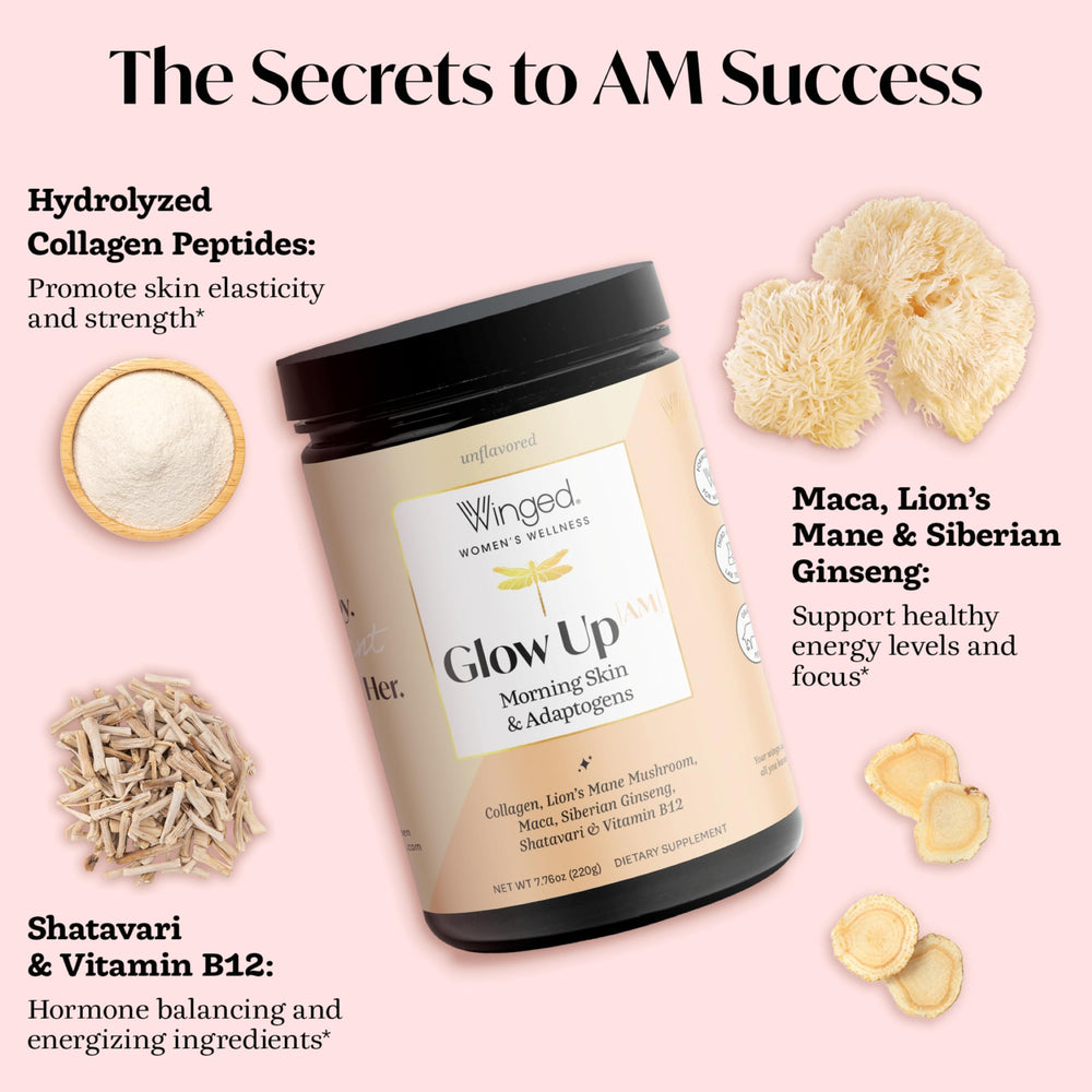 Glow Up AM scoop with powder ready to mix into coffee or smoothies