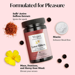 Winged Wellness Love Bites ingredients: maca, damiana, and horny goat weed for vitality.