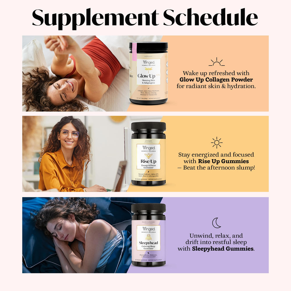 Winged Wellness Rise Up packaging with ingredient highlights emphasizing nootropics