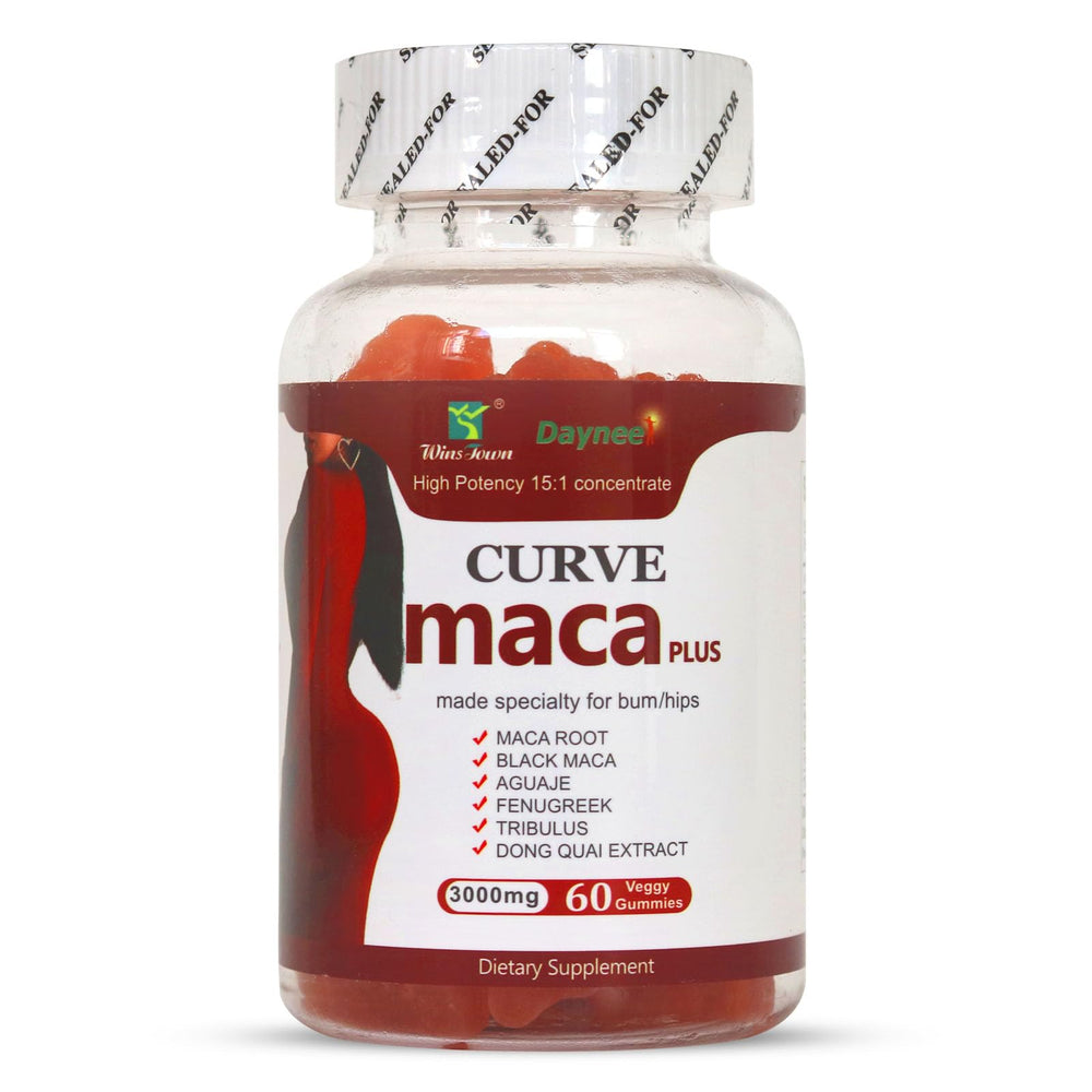 Wins Town Maca Plus Gummies bottle front with strawberry flavor for daily energy support.