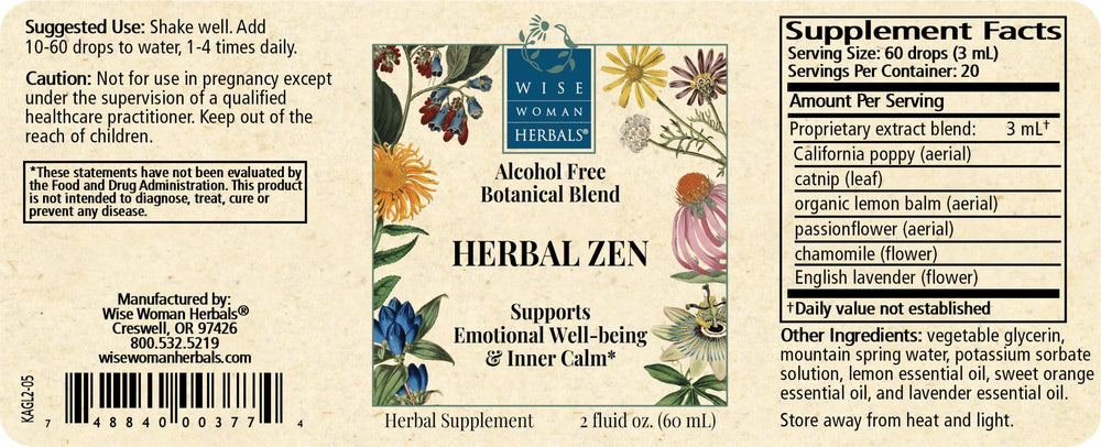 Wise Woman Herbals Herbal Zen ingredient list with calming botanicals