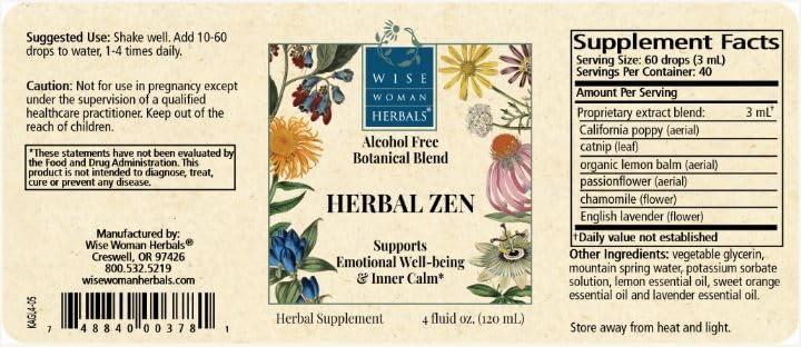 Wise Woman Herbals Herbal Zen ingredients chart highlights natural botanicals
