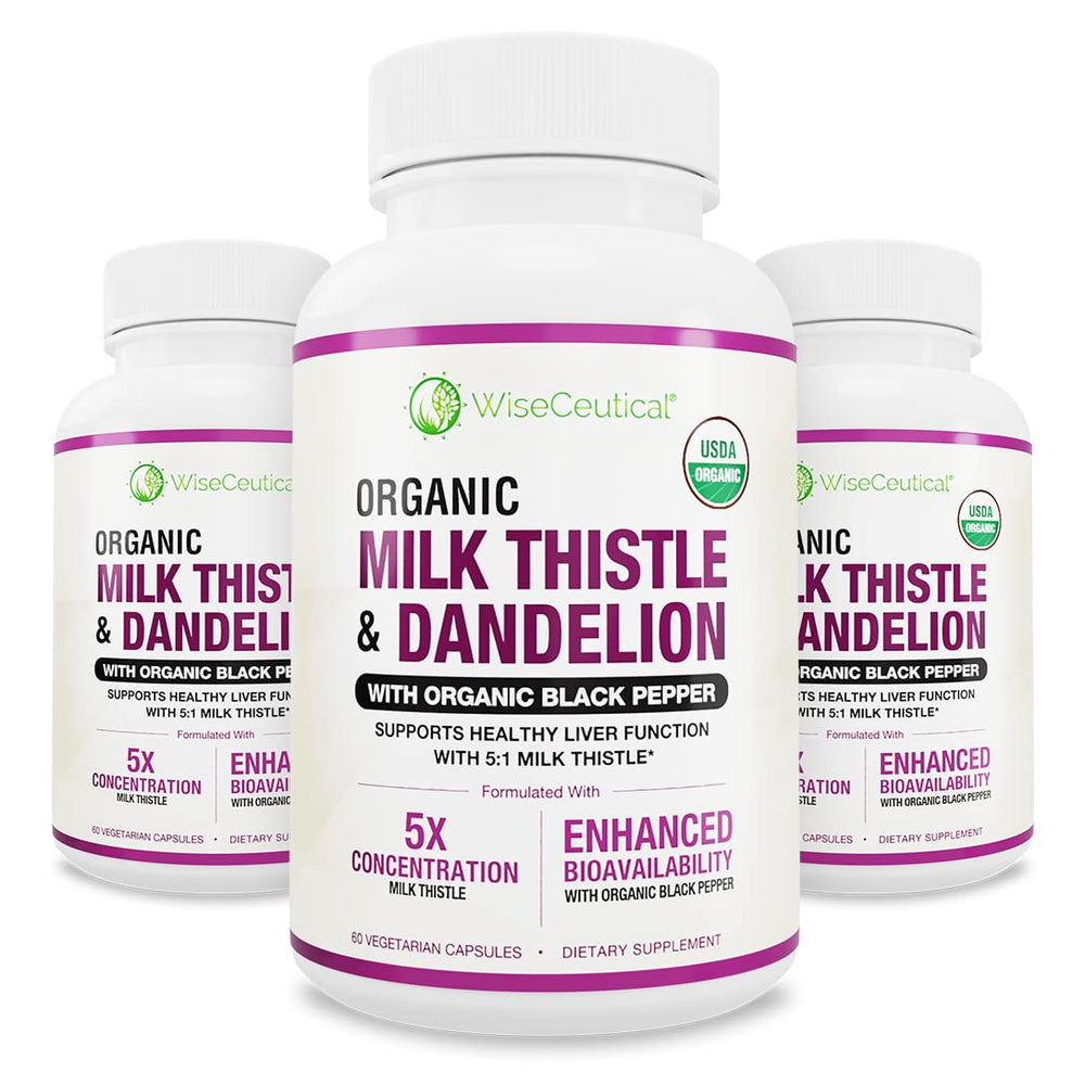 Wiseceutical Max Absorption milk thistle bottle shows organic formula for possible bioavailability boost.