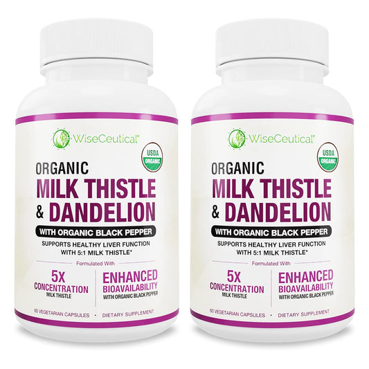 Wiseceutical Milk Thistle bottle label shows 5:1 extract for daily wellness.