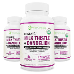 Wiseceutical Max Absorption milk thistle bottle shows organic formula for possible bioavailability boost.