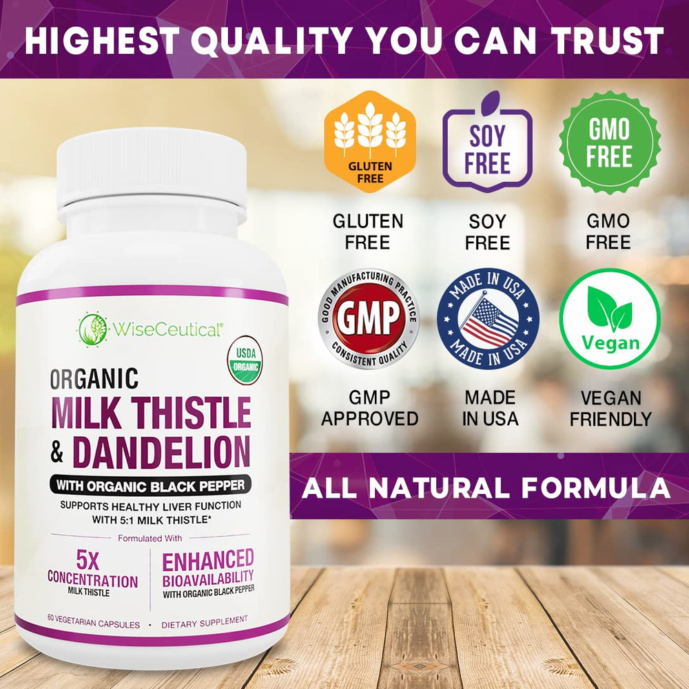 Wiseceutical USDA Organic seal close-up emphasizes purity and non-GMO standards.