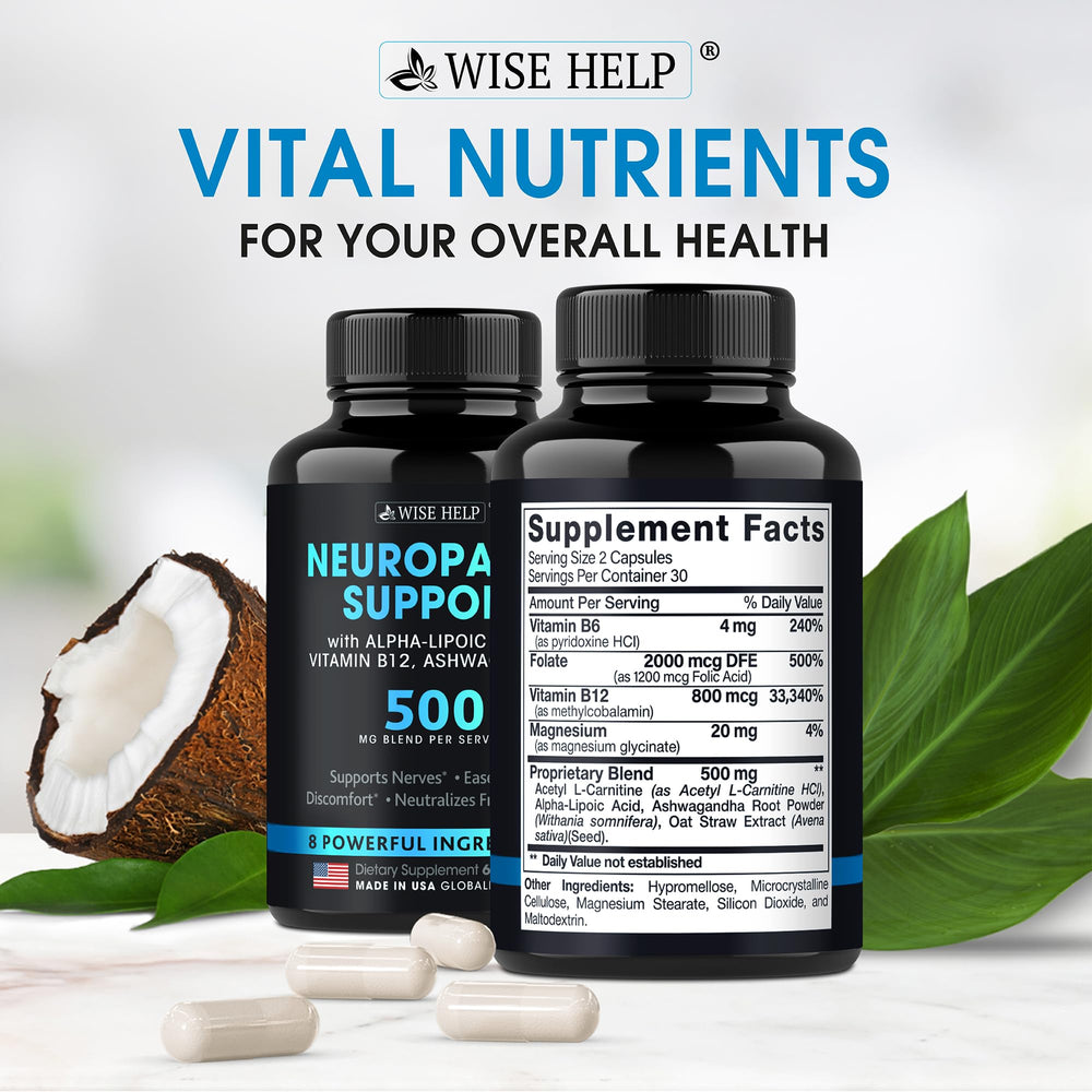 Wisehelp Neuropathy Support capsules close-up highlighting convenient daily supplementation