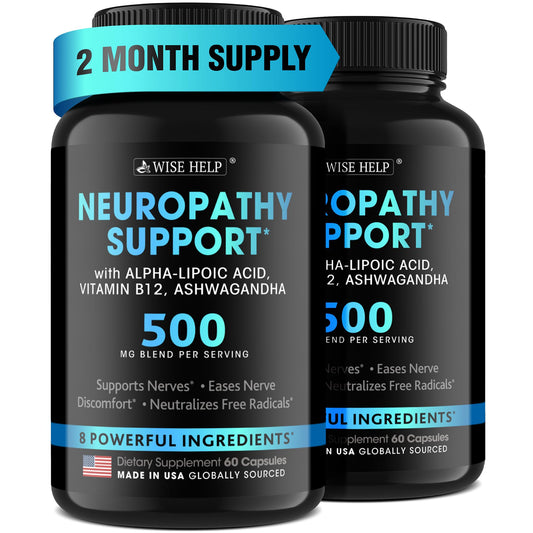 Wisehelp Neuropathy Support two-bottle pack front view highlighting easy daily use for nerve health.