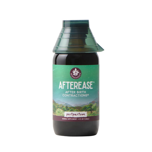 WishGarden AfterEase bottle with cramp bark pour for postpartum comfort.