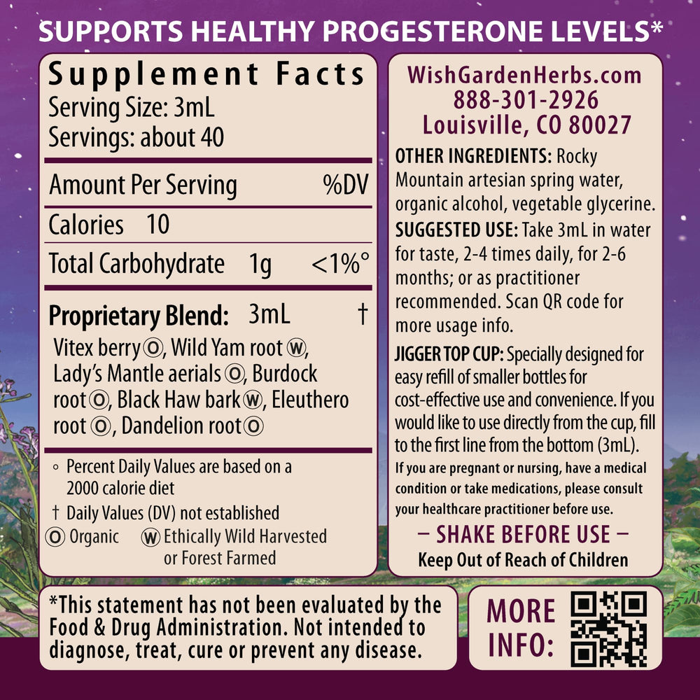 WishGarden Cycle Vitality label lists Vitex and Wild Yam herbs for hormonal balance
