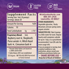 WishGarden Flow Stopper label close-up — shows organic vegan formula ingredients.