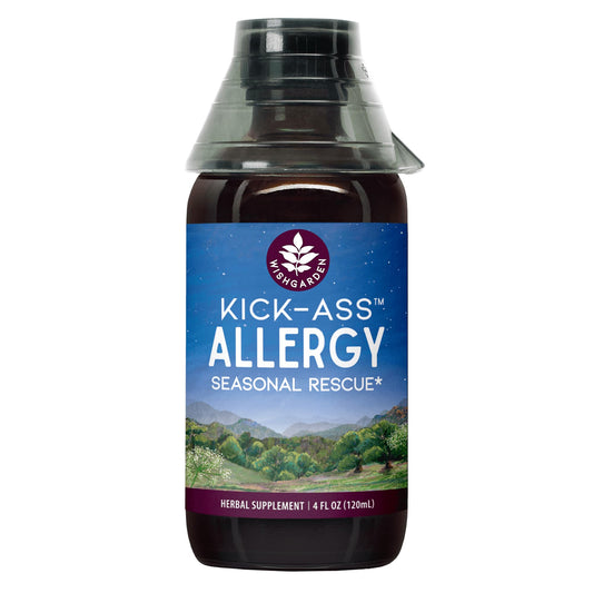 WishGarden Kick-Ass Allergy bottle label shows plant-based, non-drowsy formula for seasonal irritants.